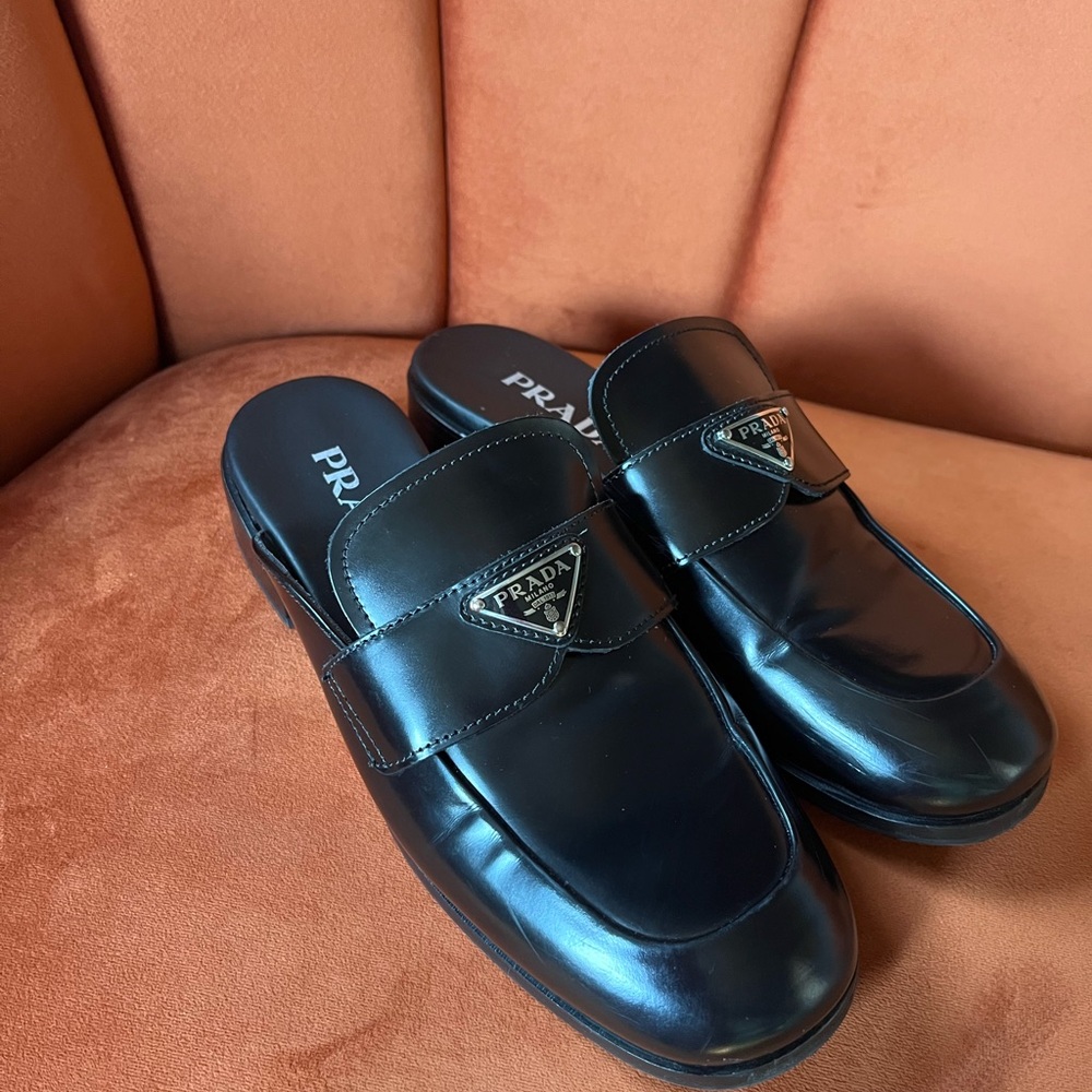 Prada Black Patent Leather Mule Clogs with Triangle Logo